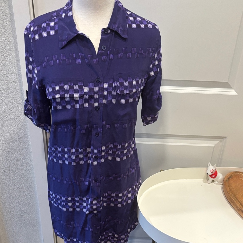 EUC Equipment Purple Silk Patterned Shirtdress